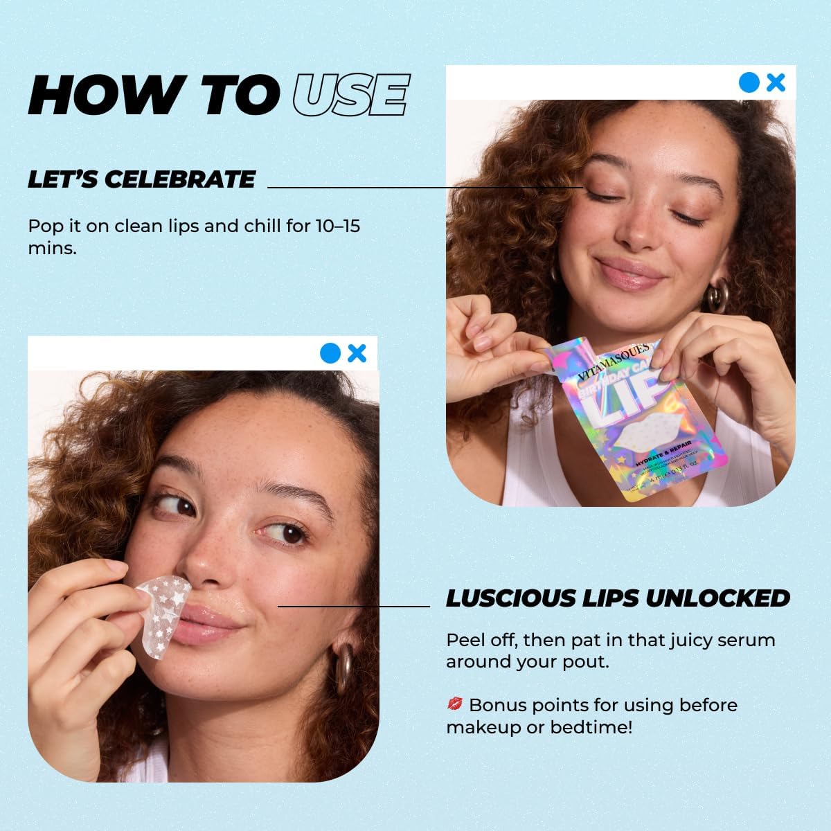 vitamasques mask applied on lips demonstrating smoothing and plumping