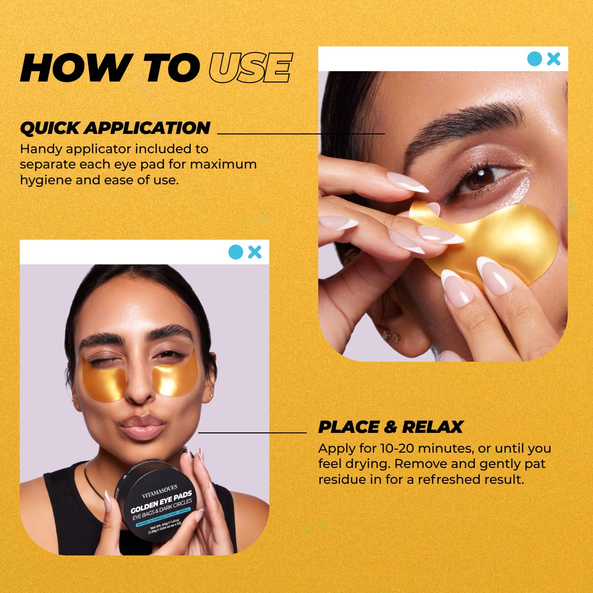 Model wearing Vitamasques eye pads demonstrating comfortable fit