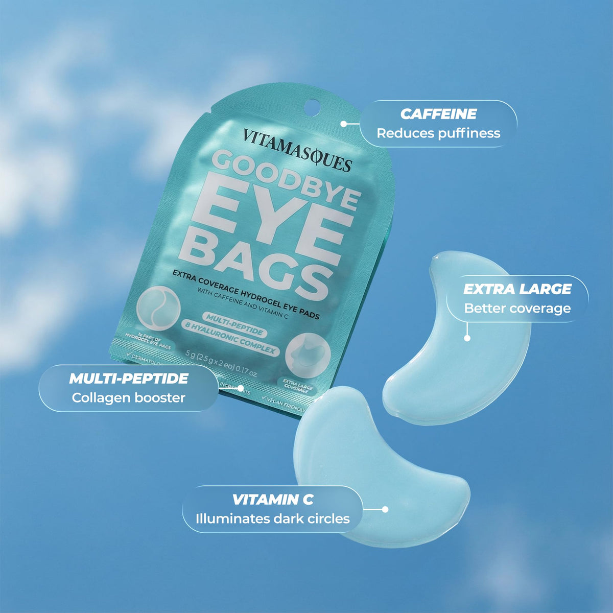 Vitamasques patch applied under eye demonstrating depuffing effect