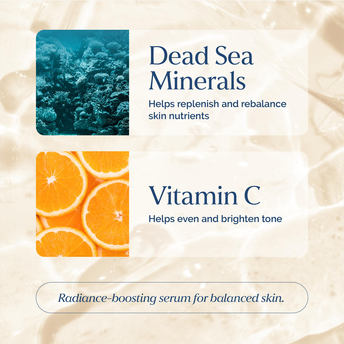 VITAMINS AND SEA BEAUTY close-up of mineral droplets highlighting Dead Sea minerals for hydration
