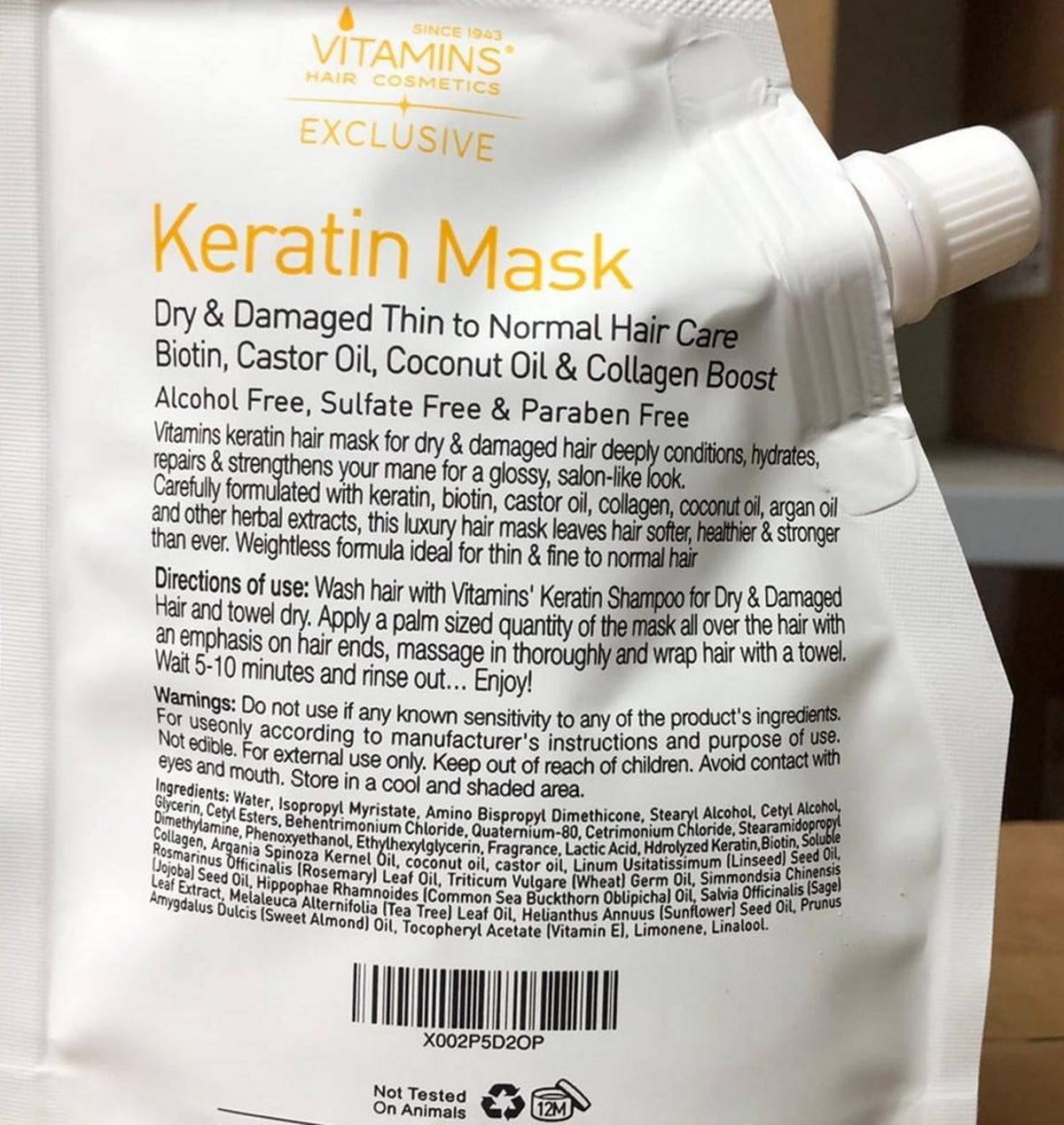 VITAMINS hair cosmetics label with usage directions highlighting safe at-home salon results
