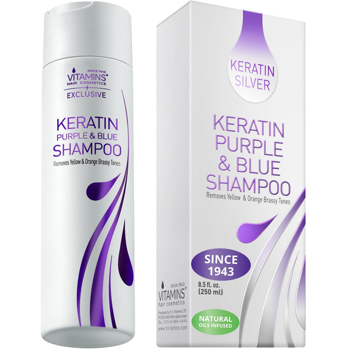 VITAMINS front bottle showing keratin purple shampoo for brass-free blonde hair