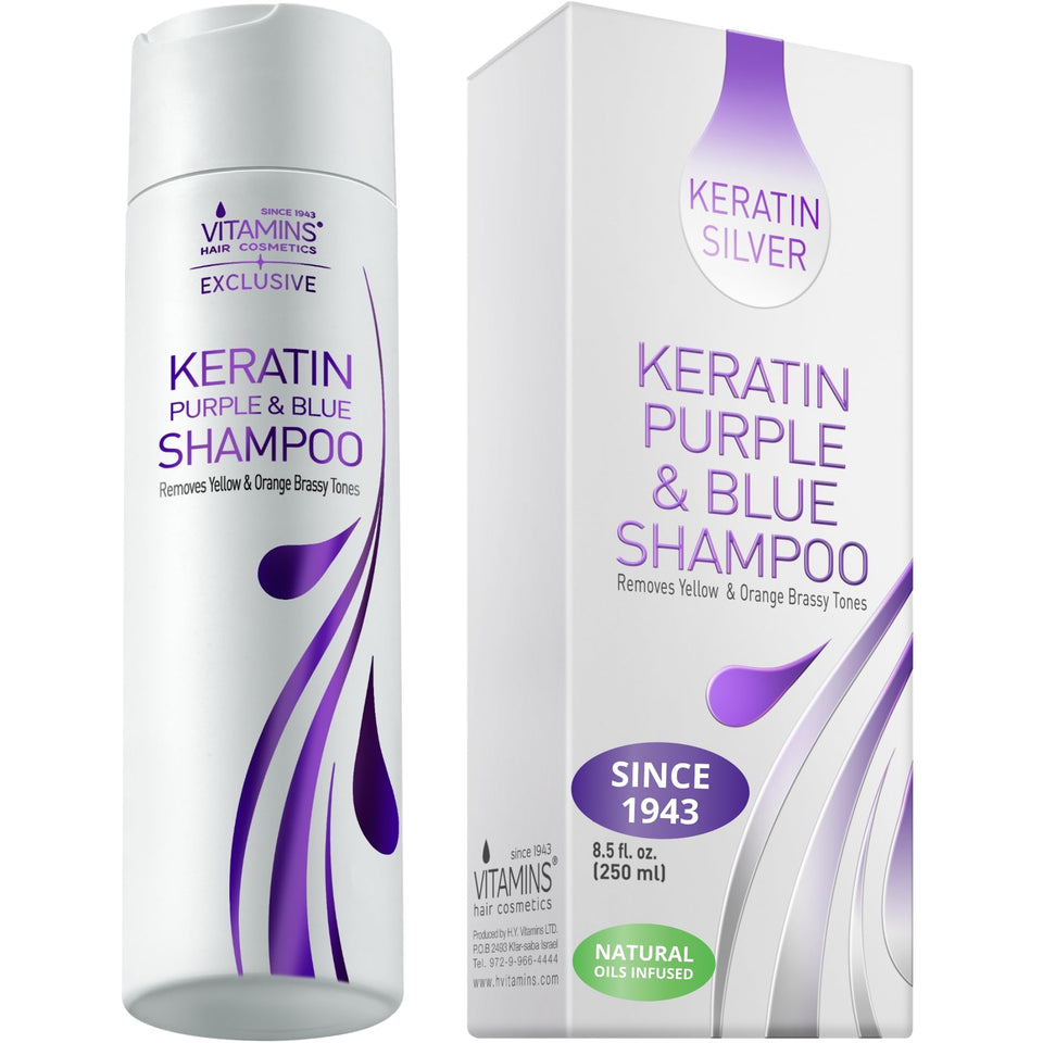 VITAMINS front bottle showing keratin purple shampoo for brass-free blonde hair
