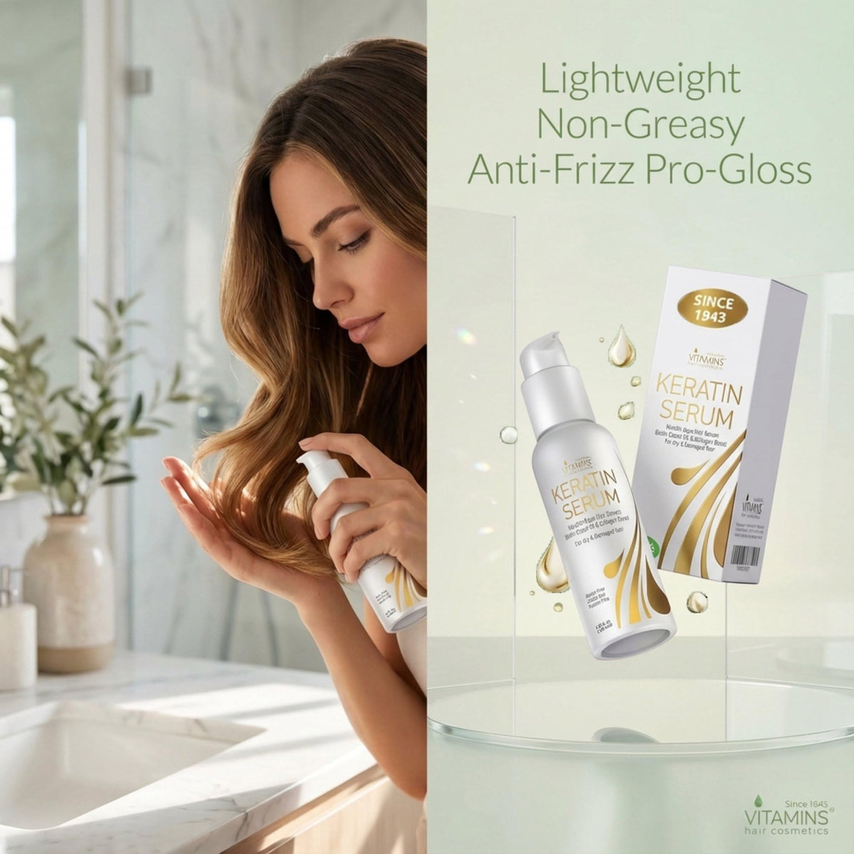 VITAMINS keratin serum ingredient collage highlighting keratin and biotin benefits