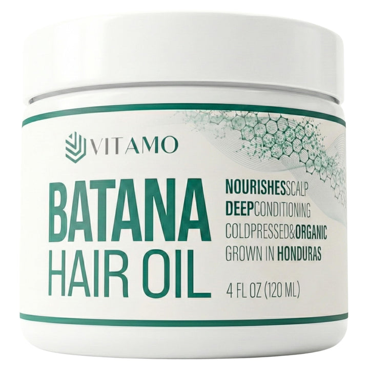 Vitamo Batana front packaging showing bottle and natural ingredient purity
