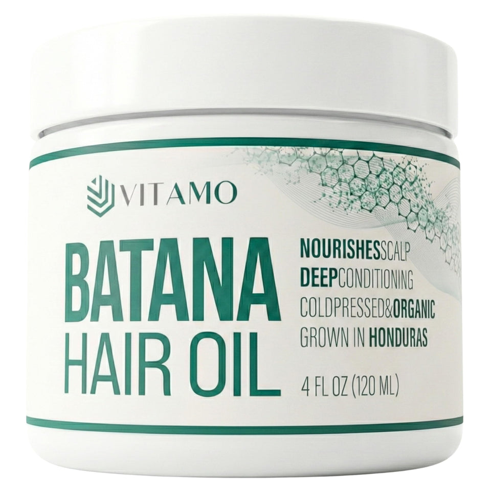 Vitamo Batana front packaging showing bottle and natural ingredient purity