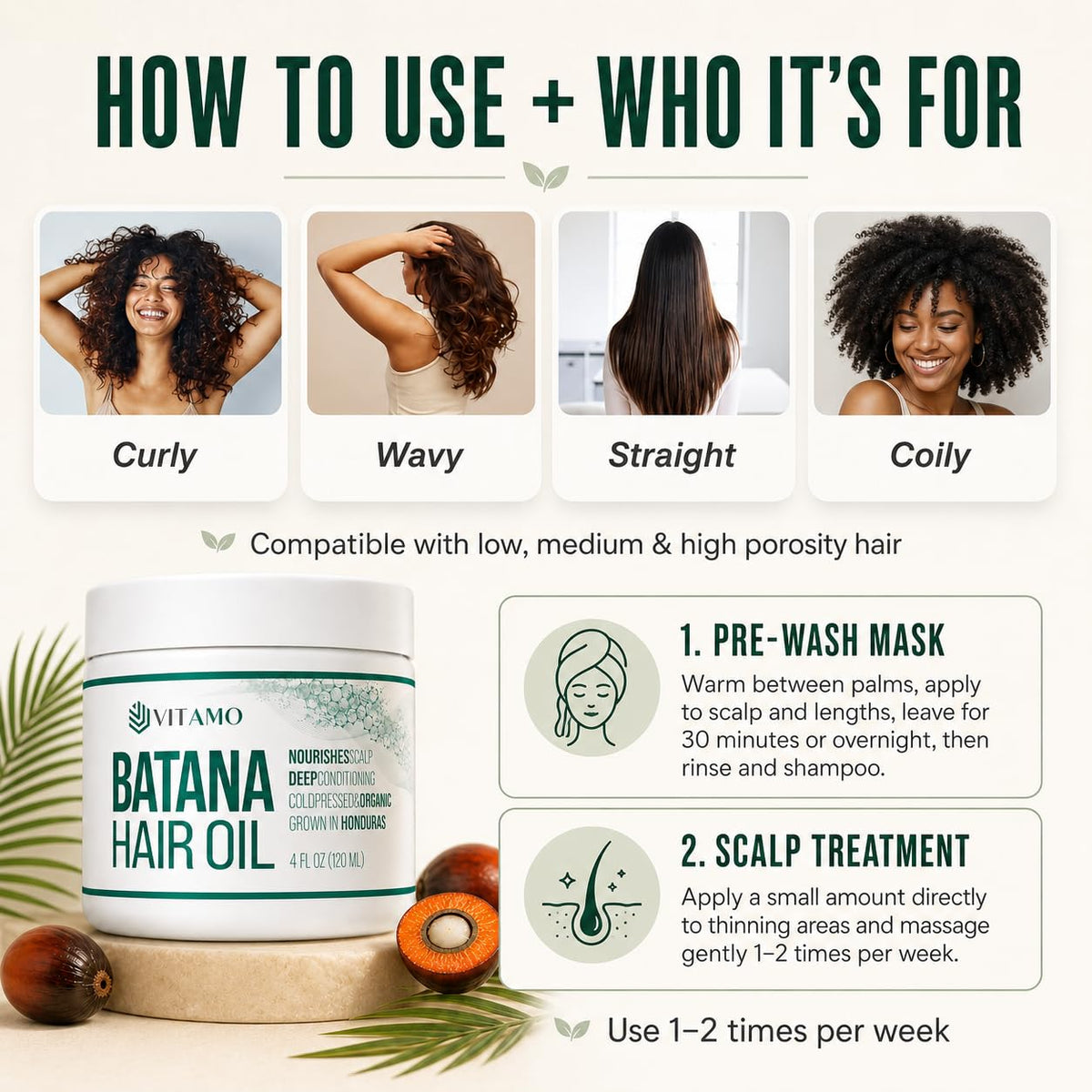 Vitamo Batana on bathroom shelf styled in a routine for daily hair care
