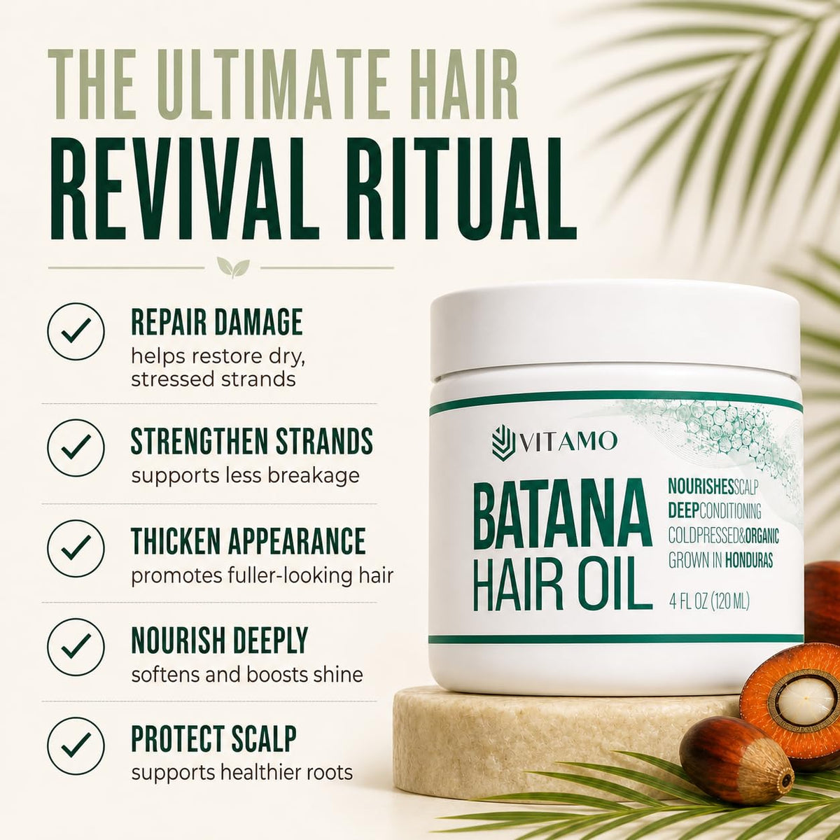 Vitamo Batana applied to scalp demonstrating nourishment and shine benefit