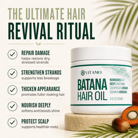 Vitamo Batana applied to scalp demonstrating nourishment and shine benefit
