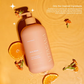 Vitasana bottle beside mandarin fruits showing size and natural scent