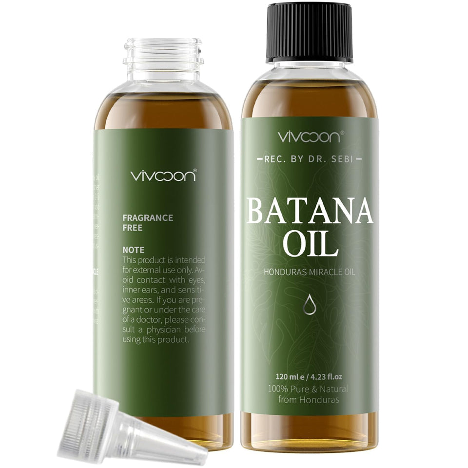Vivccon bottle front view showing Batana oil and packaging benefits