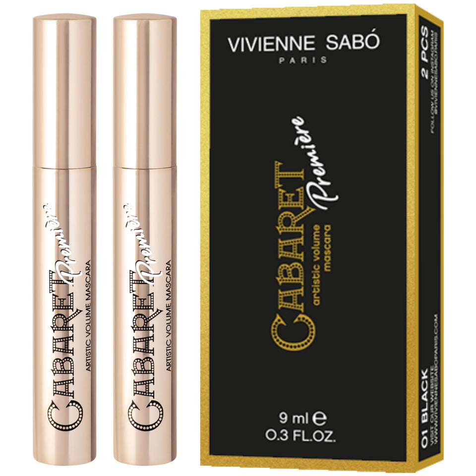 Vivienne Sabó front packaging of Cabaret Premiere mascara showing two black tubes and benefits