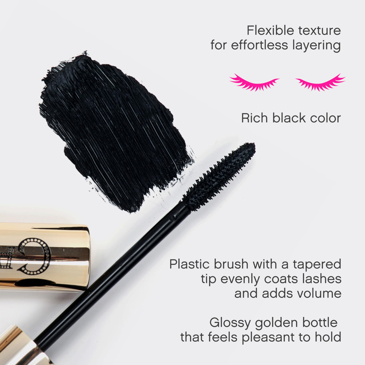 Vivienne Sabó swatch of mascara texture on paper showing smooth, clump-free formula benefit