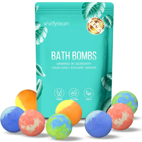 Vivifyrean front packaging showing eight individually wrapped bath bombs and labels, easy gift idea