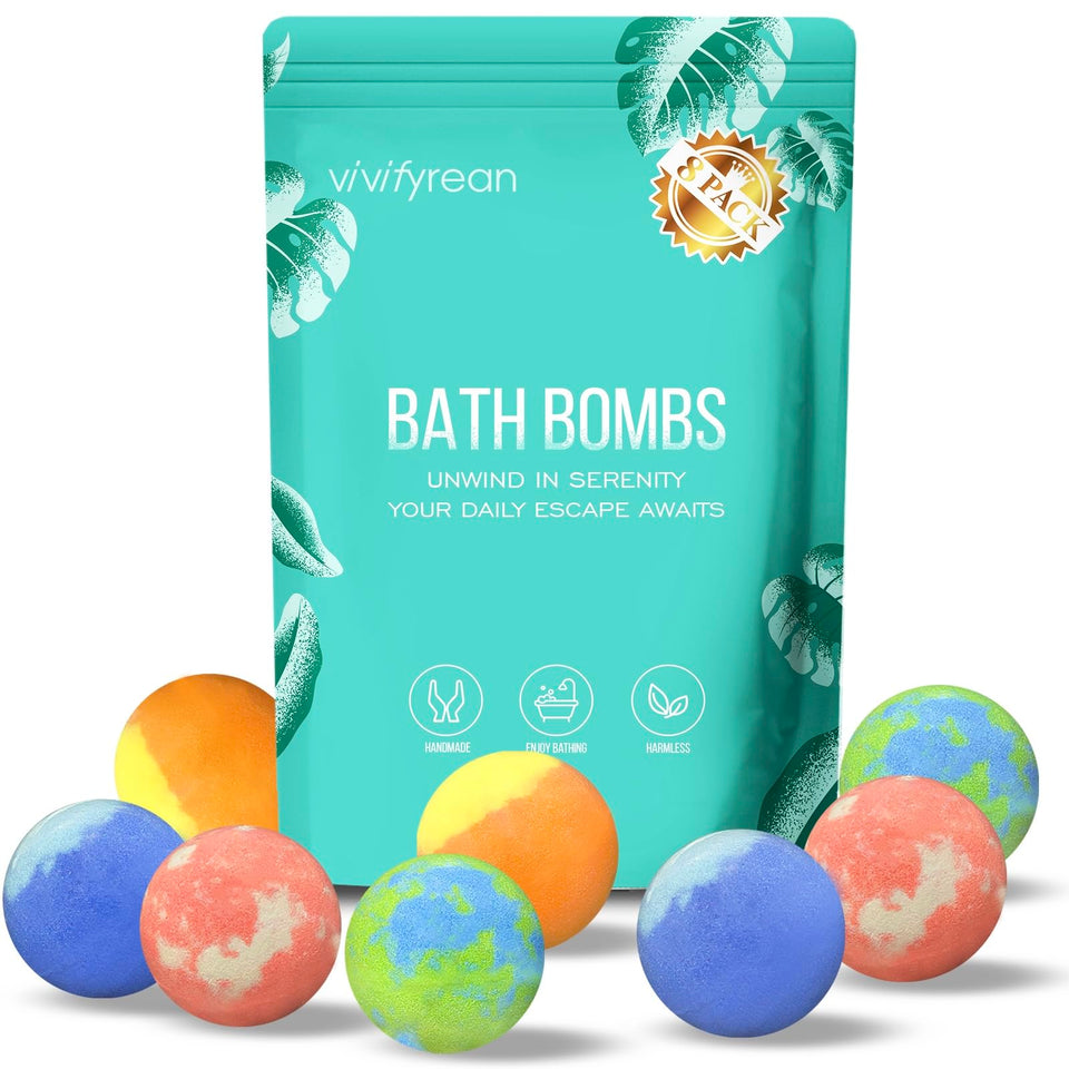 Vivifyrean front packaging showing eight individually wrapped bath bombs and labels, easy gift idea
