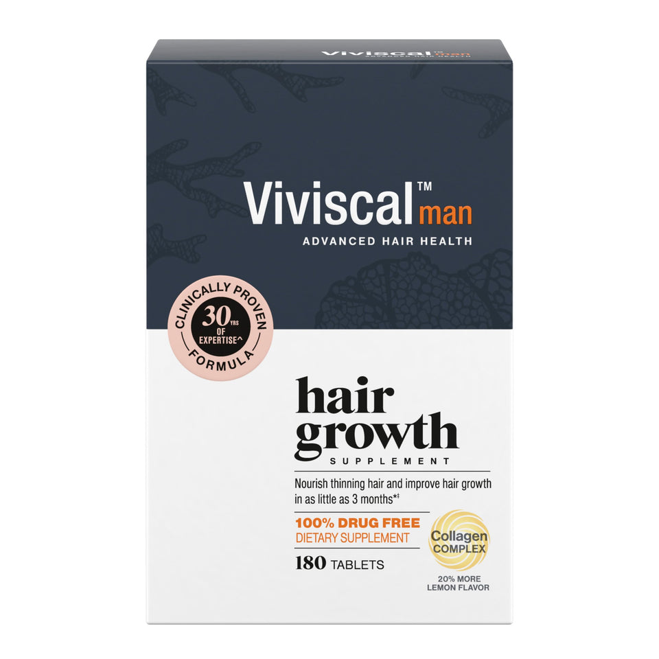 Viviscal bottle front view showing brand and product for fuller hair benefits