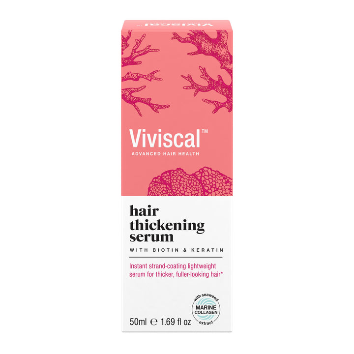 viviscal front pump bottle showing product design and instant thickness benefit