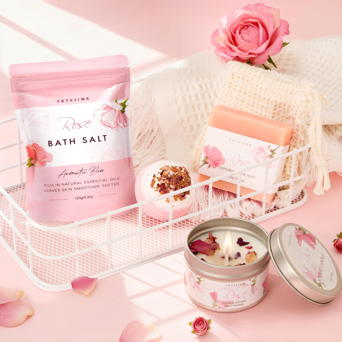 VKTASIMK bath bomb with sisal soap bag in bathtub showing indulgent soak benefit