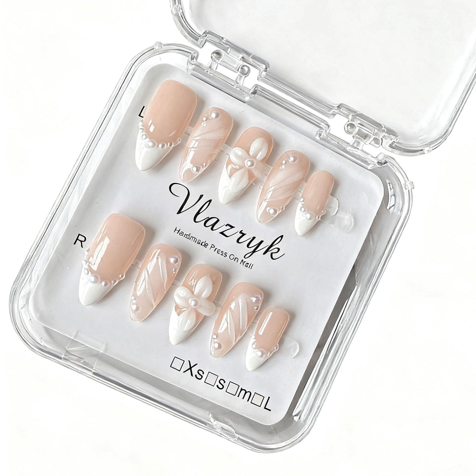 Vlazryk front packaging showing short almond French nails, polished finish benefit