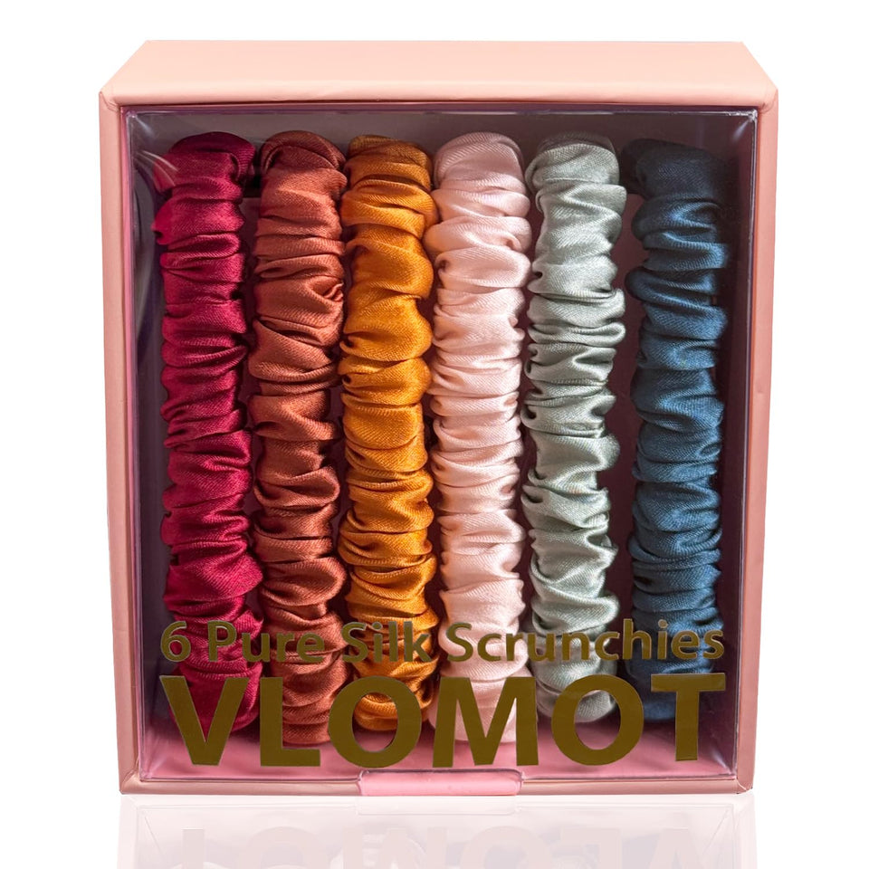 VLOMOT front packaging showing six silk scrunchies and color variety benefits gentle hold