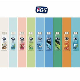 VO5 bottle staged in bathroom for lifestyle appeal and storage idea