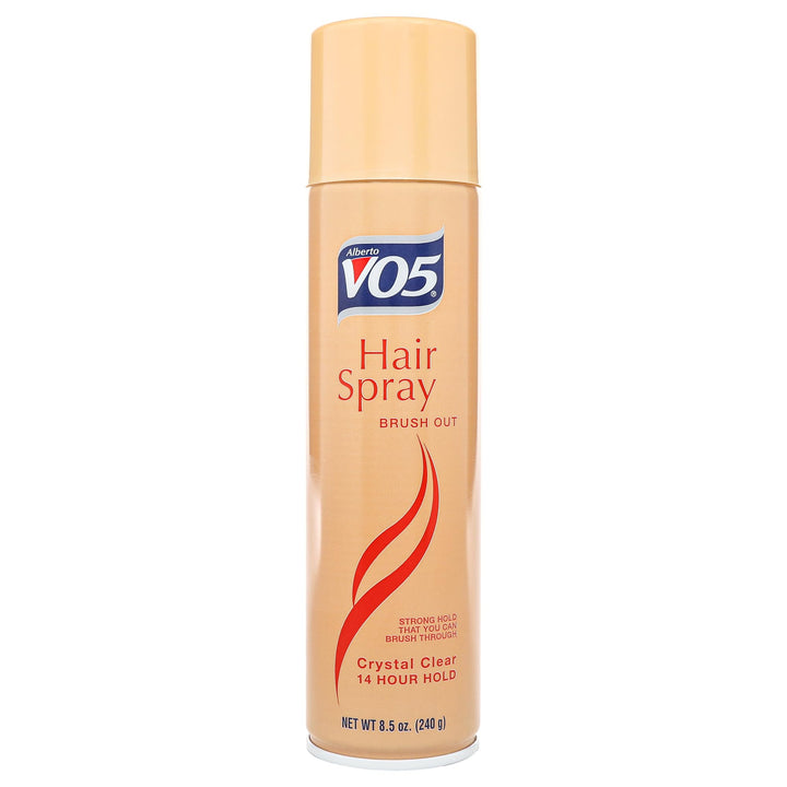 VO5 bottle front packaging showing clear brush-out hairspray and benefits