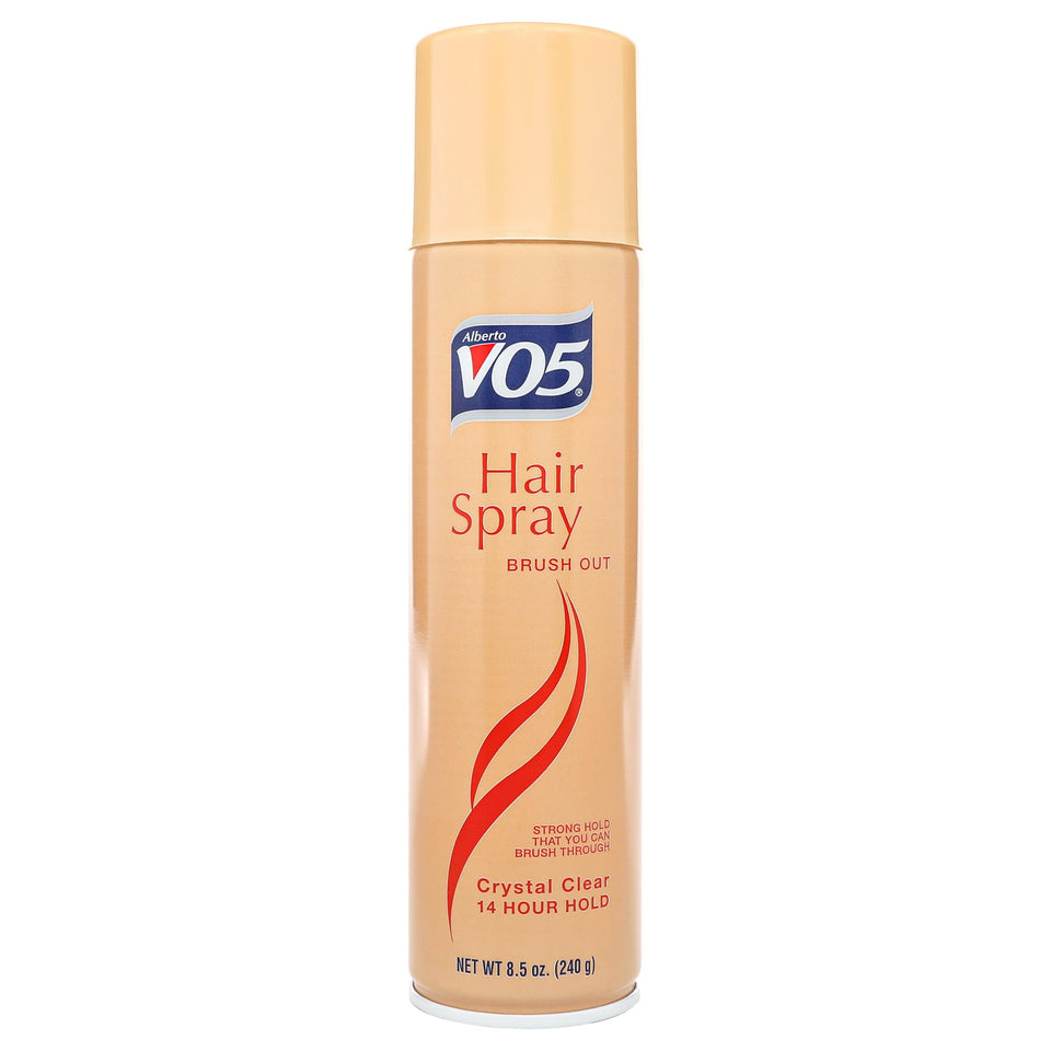 VO5 bottle front packaging showing clear brush-out hairspray and benefits