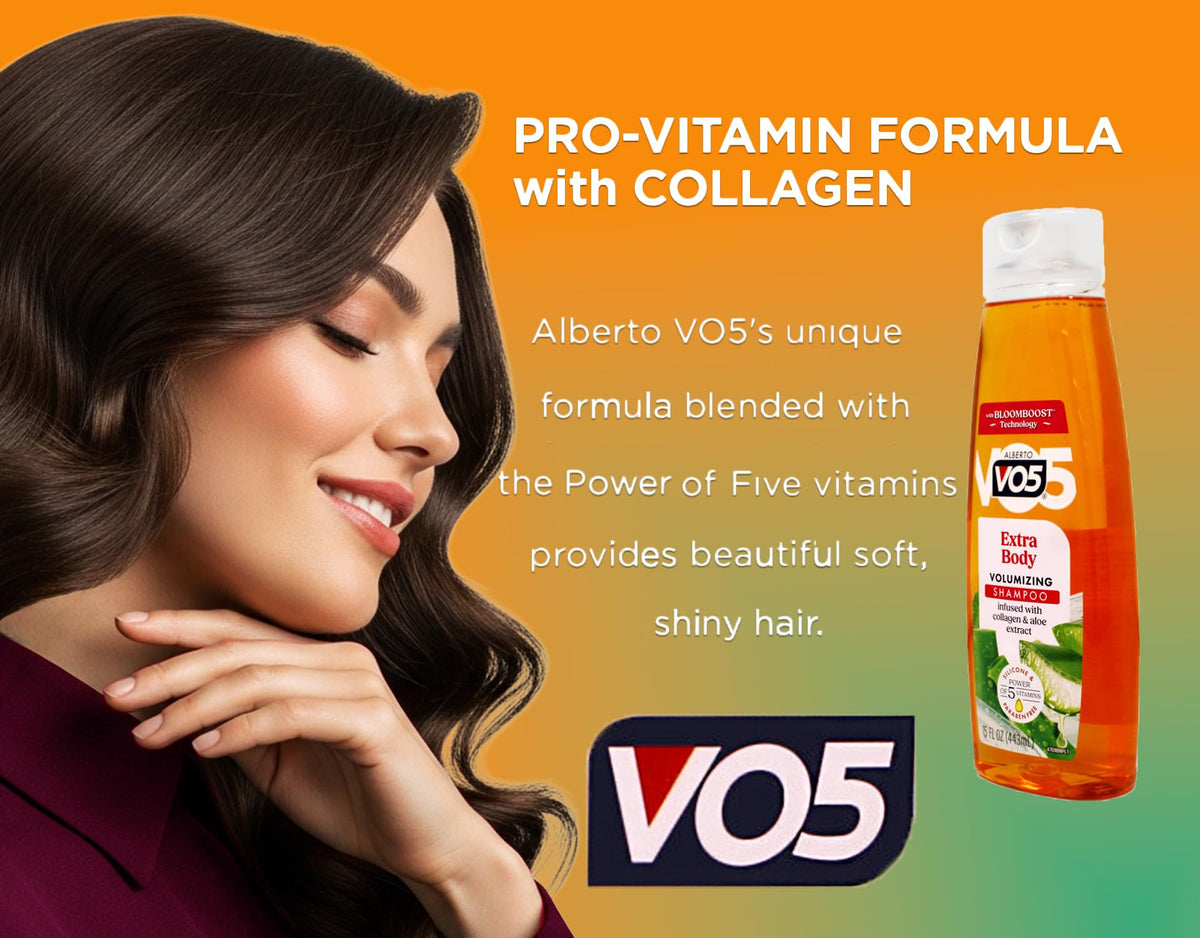 VO5 bottle beside shower caddy showing easy in-shower use and volume