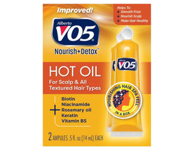 VO5 front packaging displaying six hot oil vials for quick moisture