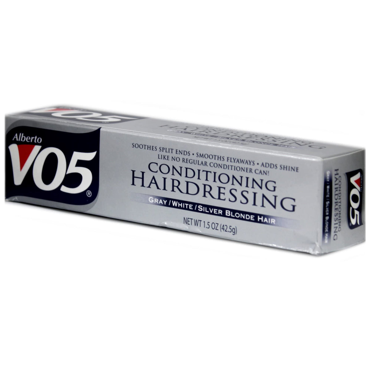 VO5 applied on silver-blonde hair smoothing flyaways and adding shine