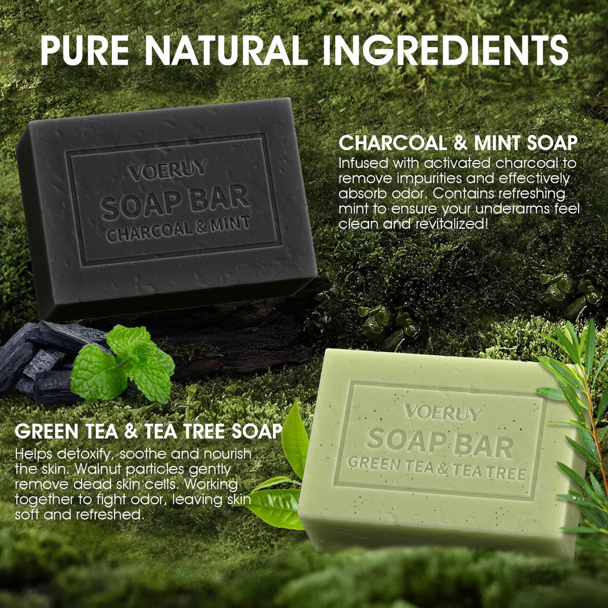 VOERUY charcoal soap close-up with mint specks for cooling cleanse