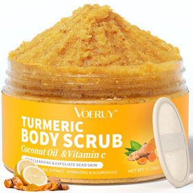 VOERUY front jar view showing turmeric scrub and brand clarity benefits soft skin