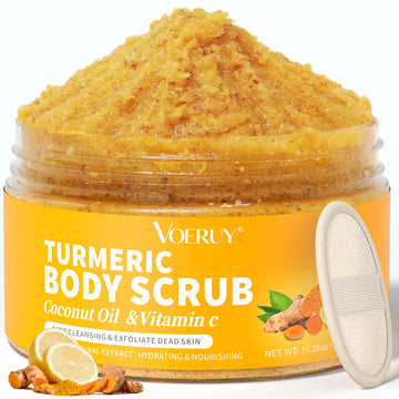 VOERUY front jar view showing turmeric scrub and brand clarity benefits soft skin