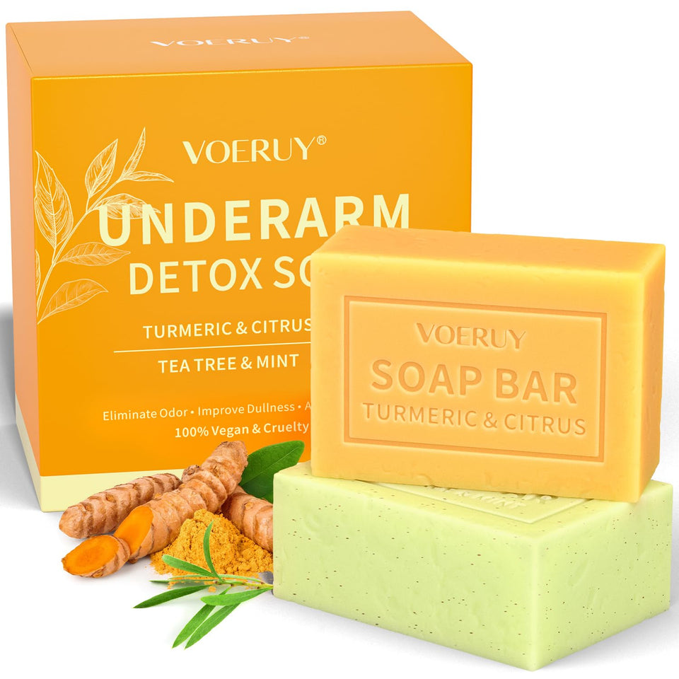VOERUY front packaging showing two underarm detox soap bars and benefits