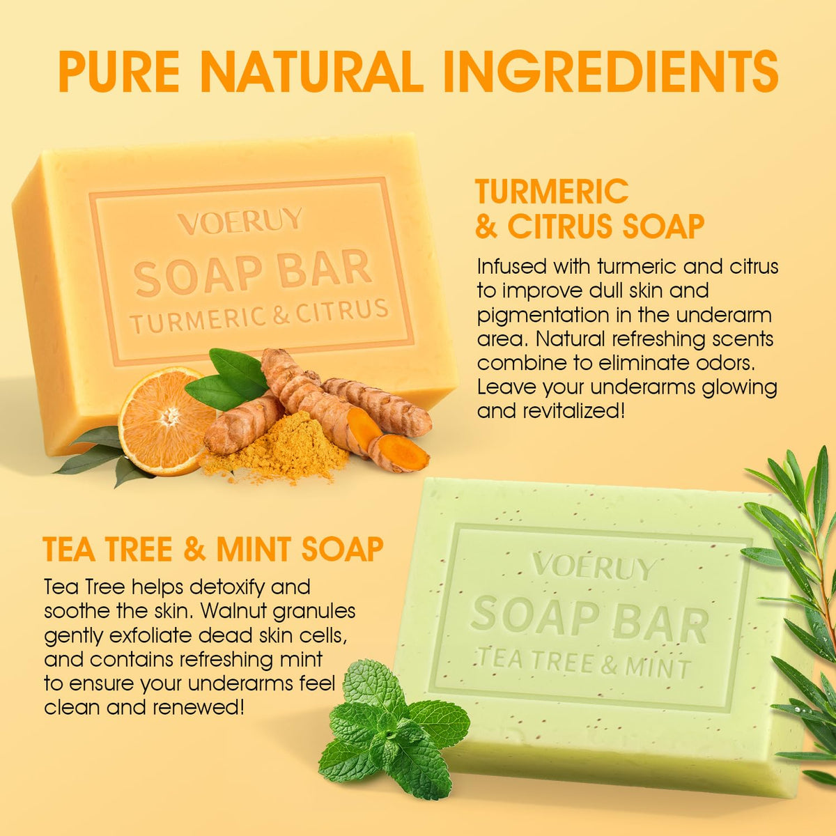 VOERUY tea tree and mint bar detail with exfoliating walnut particles visible