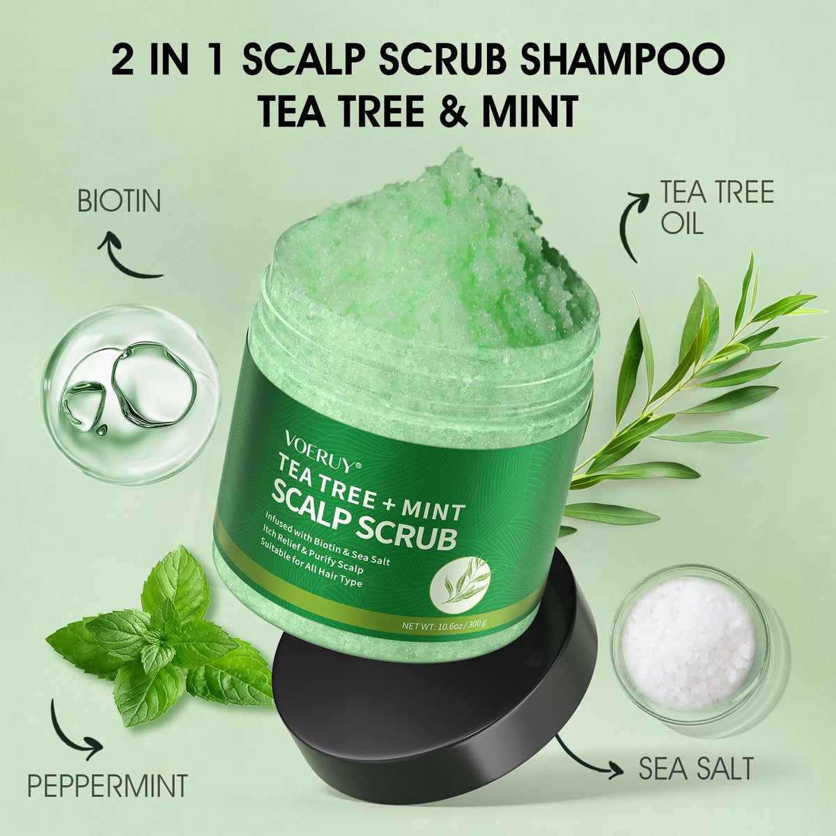 VOERUY close-up scrub texture with sea salt granules highlighting exfoliating action