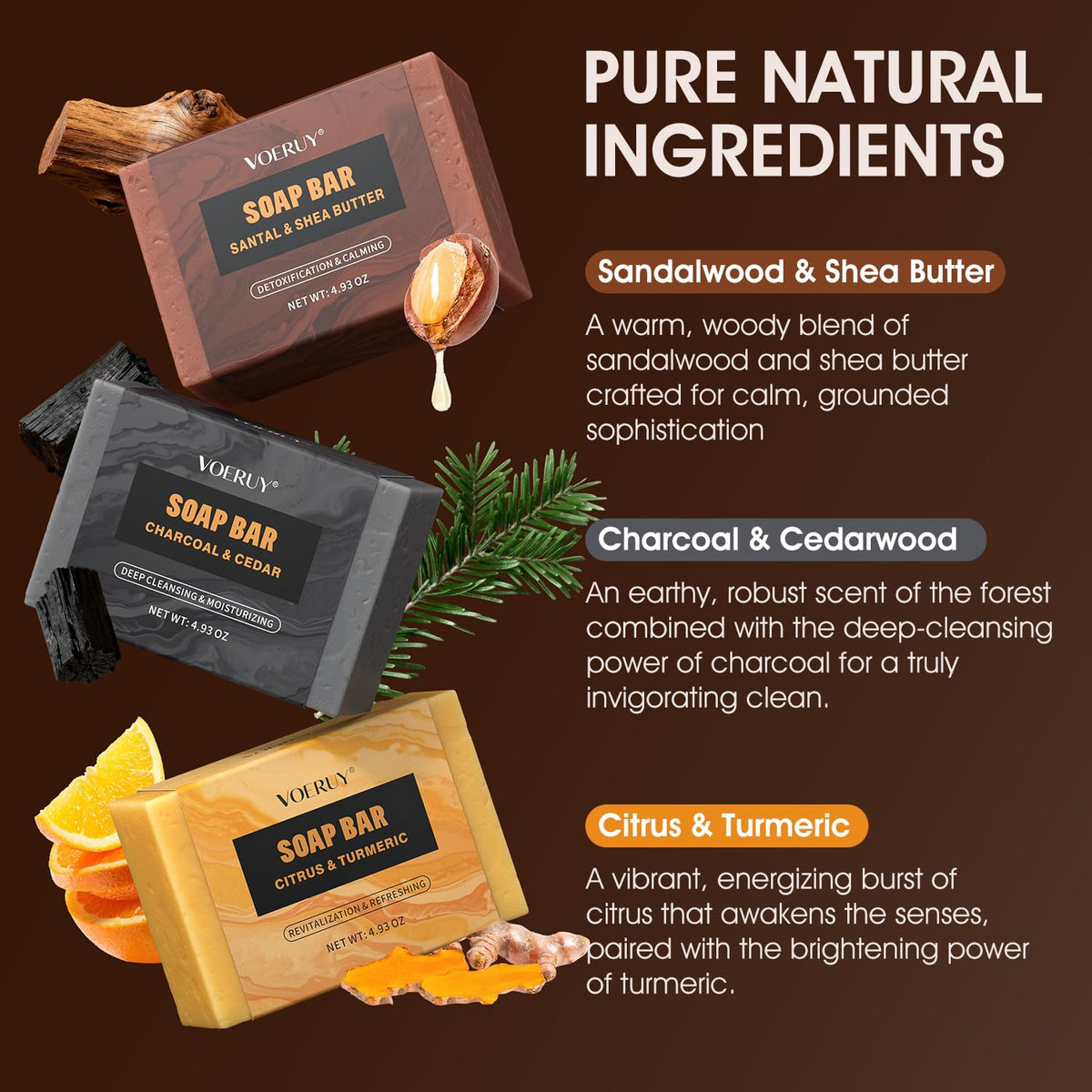 VOERUY three soap variants lined up illustrating scent differences and uses
