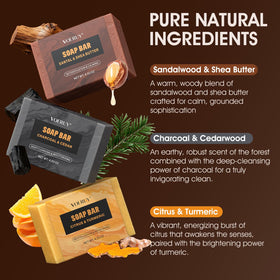 VOERUY three soap variants lined up illustrating scent differences and uses