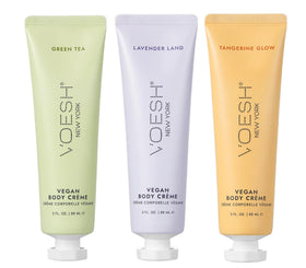 VOESH front packaging trio showing three scented body crèmes and benefits