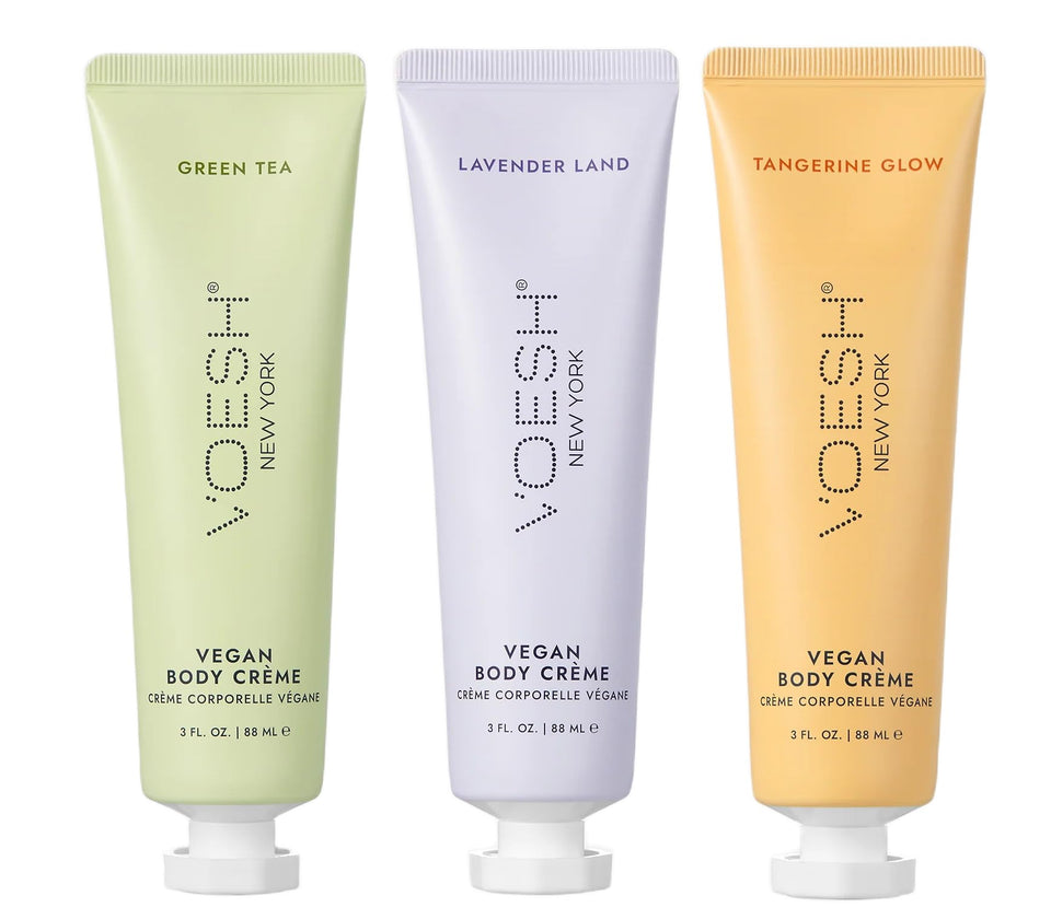 VOESH front packaging trio showing three scented body crèmes and benefits