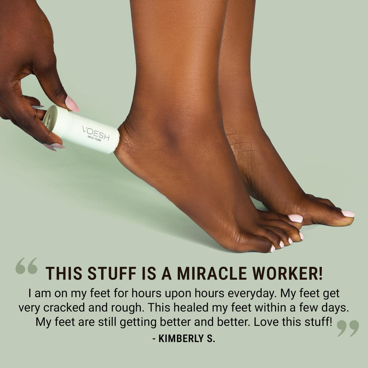 VOESH stick in a small pouch illustrating portable, on-the-go foot care
