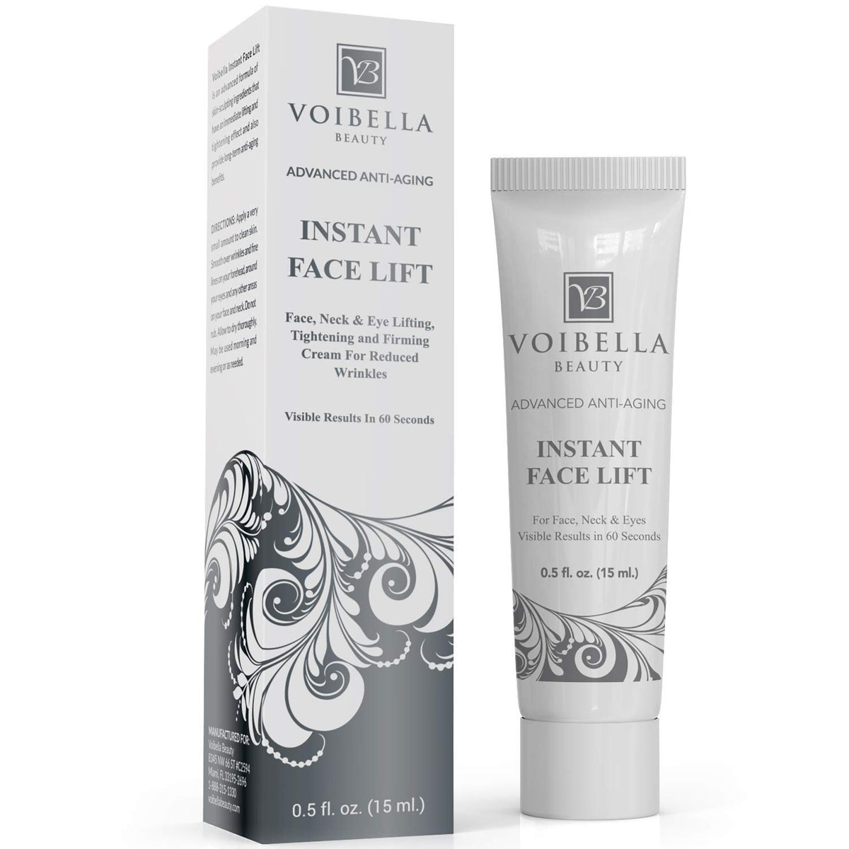 VOIBELLA BEAUTY front packaging showing compact tube and quick lift benefit