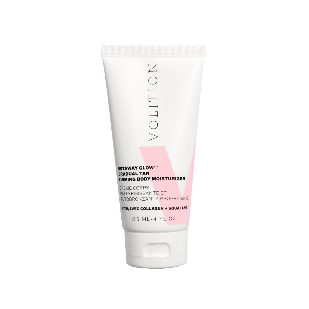 Volition front packaging showing bottle and brand, showcases premium tanning moisturizer