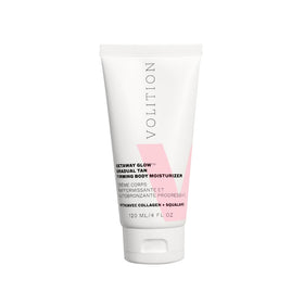 Volition front packaging showing bottle and brand, showcases premium tanning moisturizer