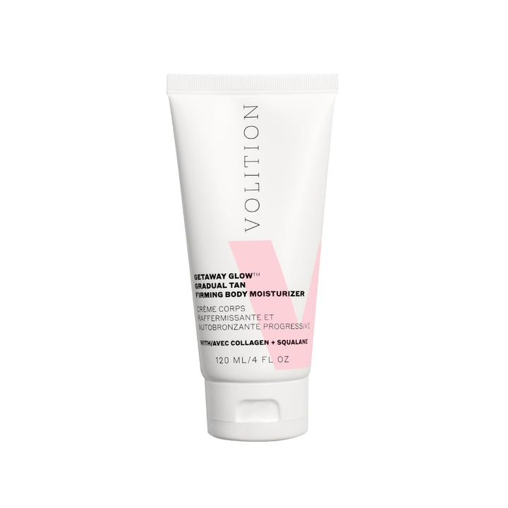 Volition front packaging showing bottle and brand, showcases premium tanning moisturizer
