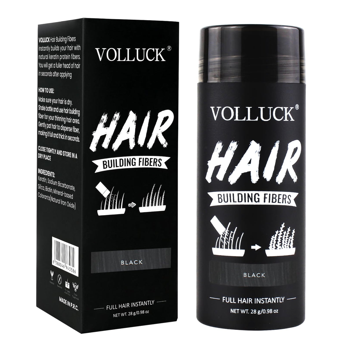 VOLLUCK front packaging jar showing black hair fibers and label benefit
