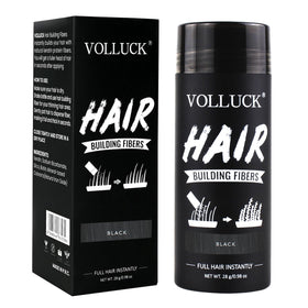 VOLLUCK front packaging jar showing black hair fibers and label benefit