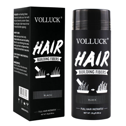 VOLLUCK front packaging jar showing black hair fibers and label benefit
