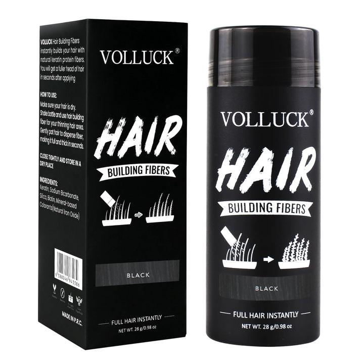 VOLLUCK front packaging jar showing black hair fibers and label benefit