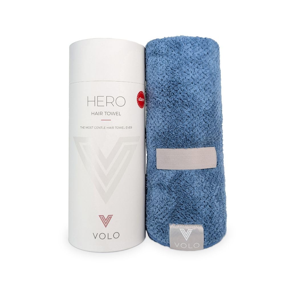 VOLO Hero hair towel front packaging in cielo blue showing product branding and tube, gift-ready
